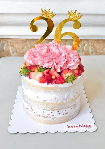 Naked Cake with Fresh Carnation Flowers & Strawberries